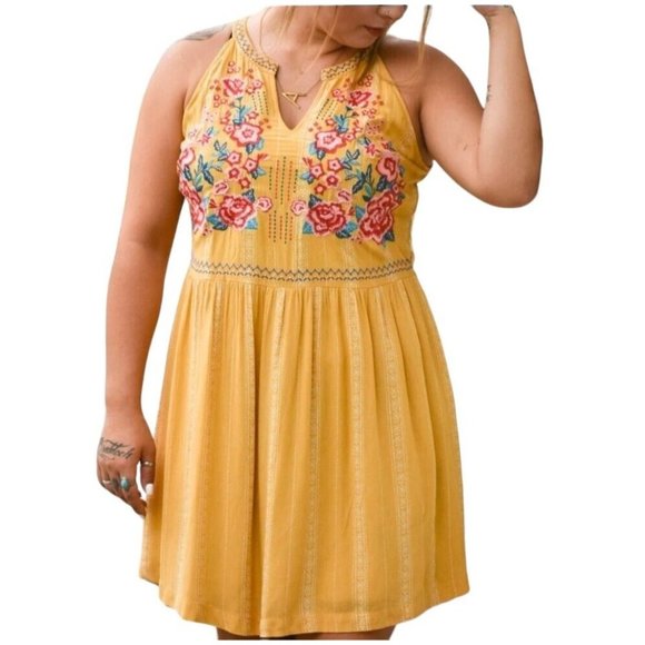Savanna Jane M Mustard Yellow Embroidered Halter Tunic‎ Top - Picture 1 of 12